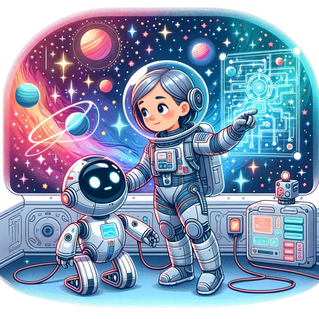 Une illustration destinée aux enfants représentant une astronaute courageuse, vêtue d'une combinaison spatiale argentée, qui fait face à un défi technique dans son vaisseau spatial, avec l'aide de son fidèle robot autonome, alors qu'ils traversent des galaxies colorées et lumineuses remplies d'étoiles étincelantes.