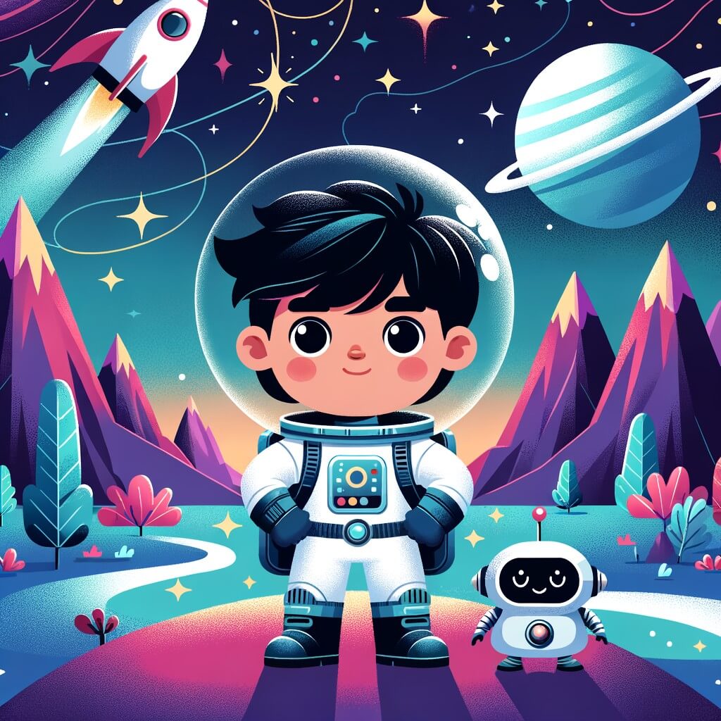 Une illustration pour enfants représentant un homme courageux partant en mission dans l'espace pour sauver l'humanité en quête d'une nouvelle source d'eau sur une planète lointaine et mystérieuse.