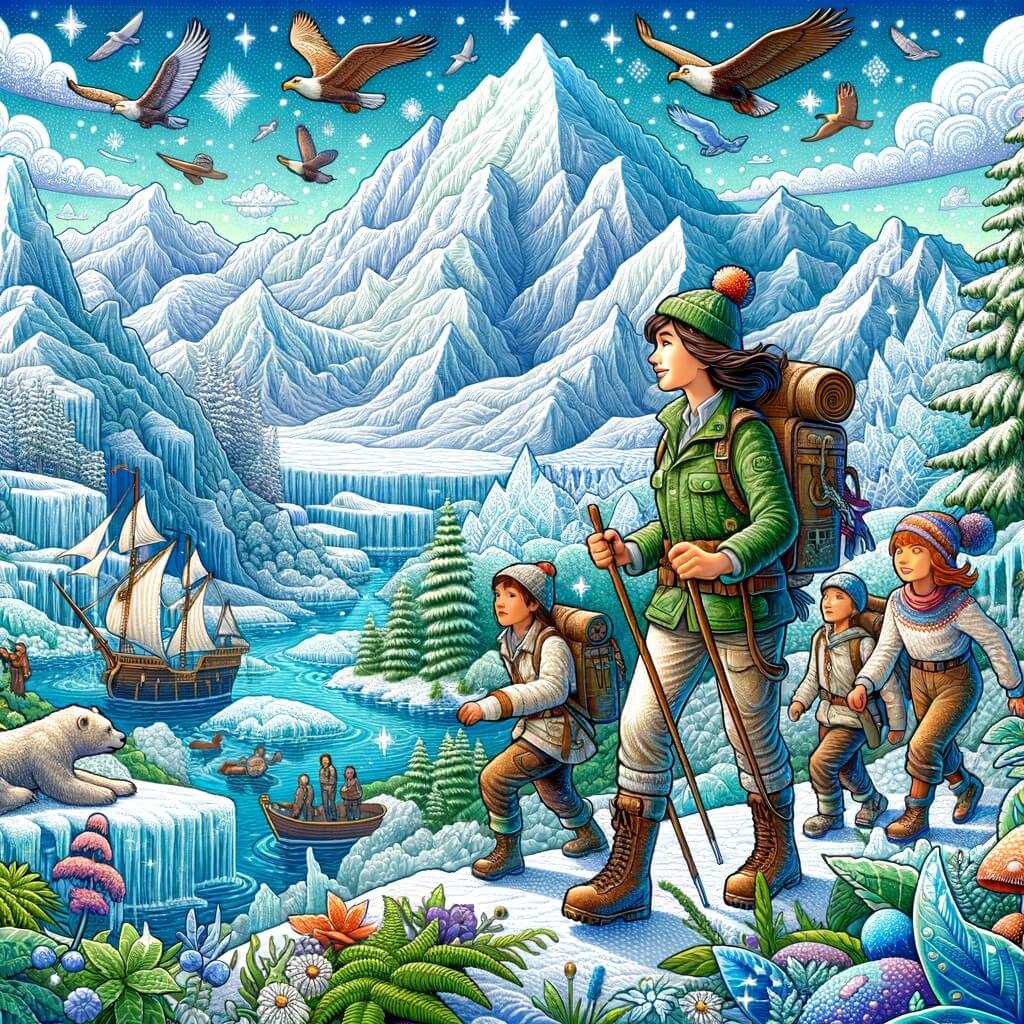 Une illustration destinée aux enfants représentant une femme exploratrice intrépide, accompagnée d'une équipe, découvrant une montagne enneigée et mystérieuse, avec des sommets enneigés étincelants, des cascades gelées et une végétation luxuriante.
