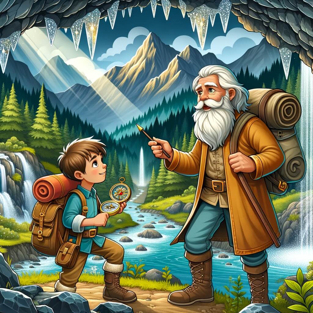 Une illustration pour enfants représentant un homme courageux et passionné d'aventures, découvrant une grotte cachée dans les montagnes et affrontant les dangers qui s'y trouvent.