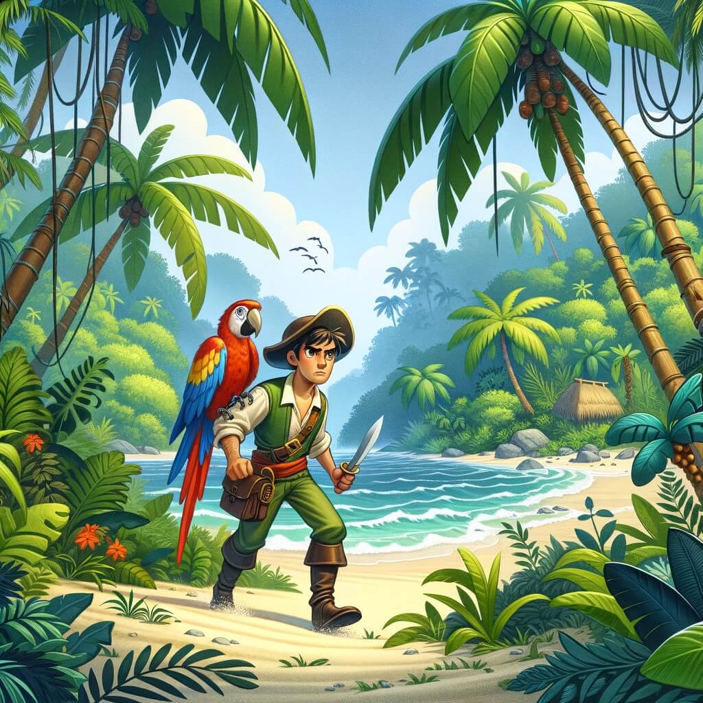 Une illustration destinée aux enfants représentant un courageux aventurier, prêt à affronter les dangers de la jungle, accompagné de son fidèle perroquet, dans une île tropicale recouverte d'une épaisse végétation luxuriante et bordée d'une plage de sable blanc bordée de palmiers majestueux.