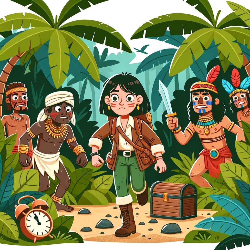 Une illustration destinée aux enfants représentant une intrépide exploratrice, piégée dans une forêt luxuriante de l'Amazonie, accompagnée de tribus autochtones, cherchant un trésor caché sur une île mystérieuse.