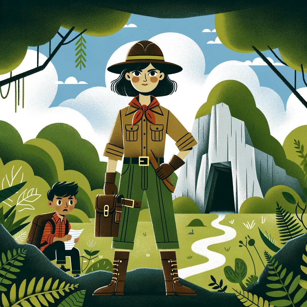 Une illustration pour enfants représentant une jeune aventurière intrépide, découvrant une carte au trésor dans une forêt luxuriante.