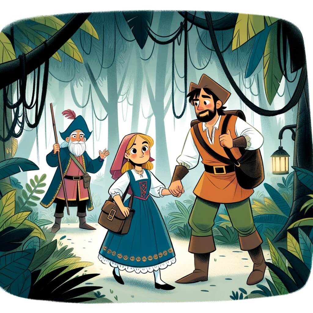 Une illustration destinée aux enfants représentant une femme courageuse, accompagnée d'un sage mentor, se trouvant dans une forêt dense et exotique, à la recherche de son frère enlevé par des bandits.