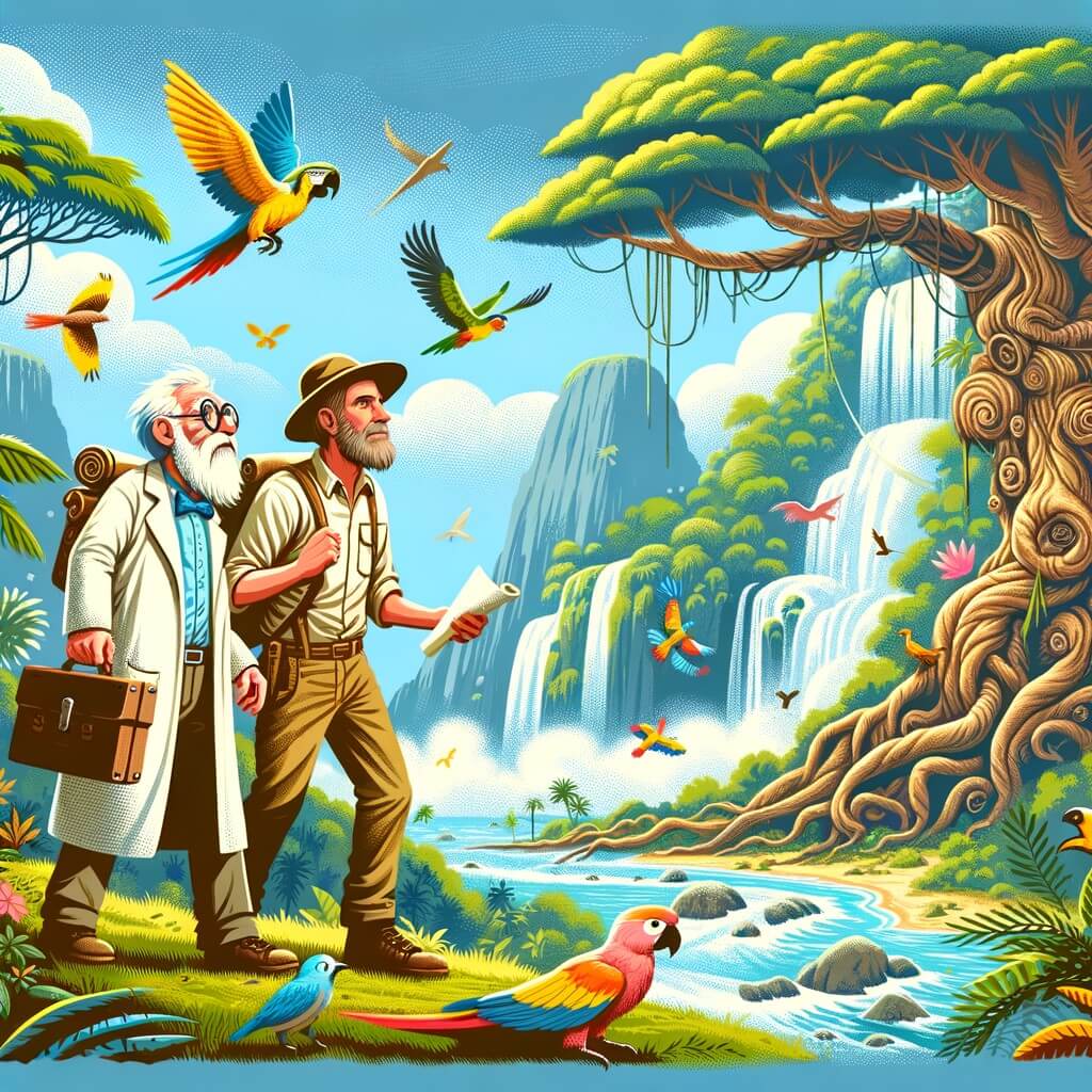 Une illustration destinée aux enfants représentant un homme intrépide, un scientifique sage, une île mystérieuse avec des arbres géants, des cascades scintillantes, des oiseaux aux couleurs vives et des animaux sauvages.