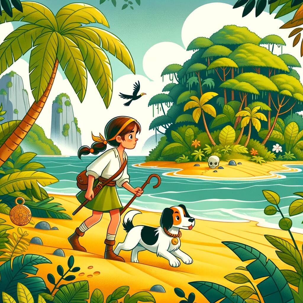 Une illustration pour enfants représentant une femme courageuse et déterminée, se lançant dans une expédition pleine de mystères sur une île exotique et lointaine.