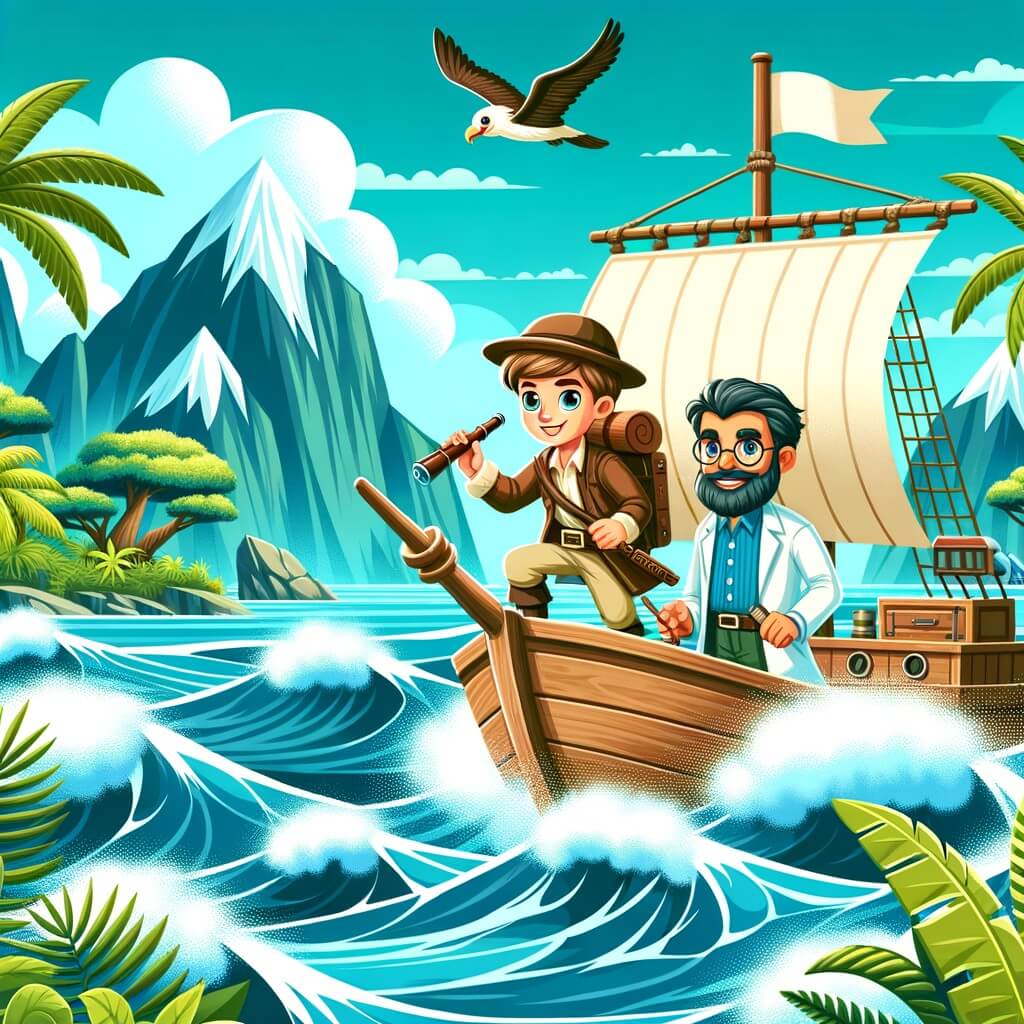 Une illustration pour enfants représentant un intrépide aventurier, naviguant sur une mer agitée, à la recherche d'une île mystérieuse cachée dans les profondeurs de l'océan.