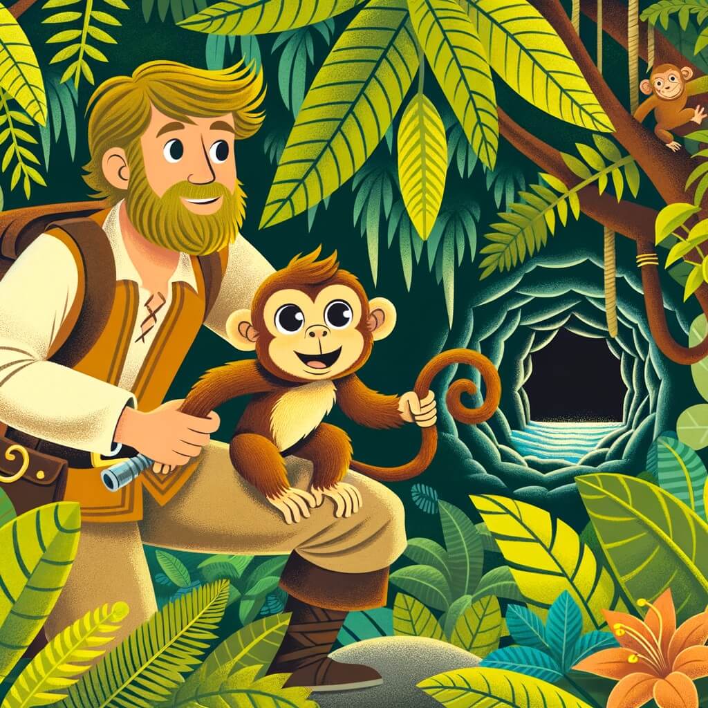 Une illustration destinée aux enfants représentant un homme intrépide, accompagné d'un singe malicieux, explorant une jungle luxuriante pour percer les mystères d'une grotte cachée.
