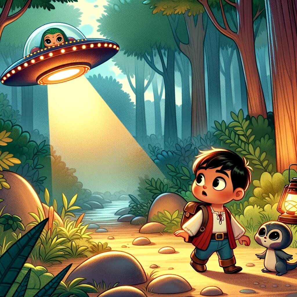 Une illustration pour enfants représentant un petit aventurier découvrant une soucoupe volante dans une forêt enchantée.
