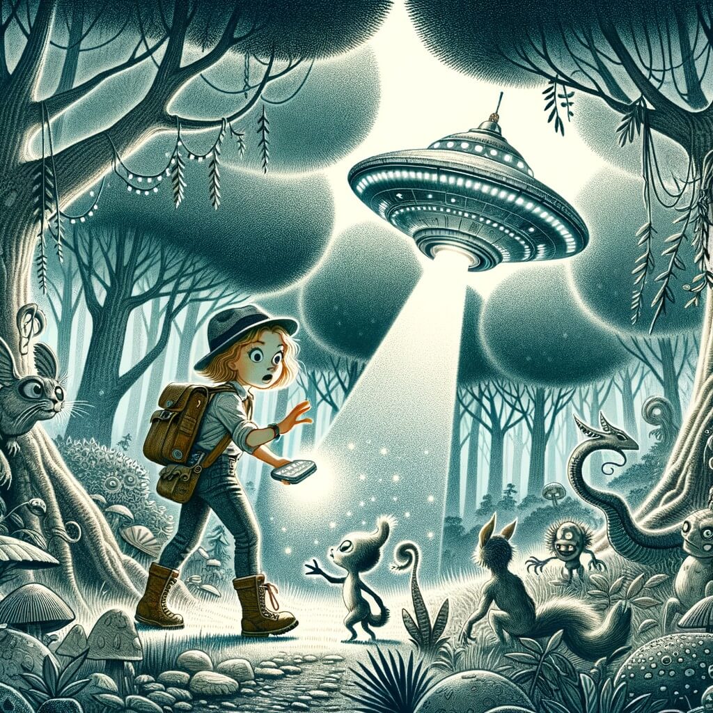 Une illustration pour enfants représentant une petite fille aventurière découvrant un vaisseau extraterrestre dans une forêt enchantée.