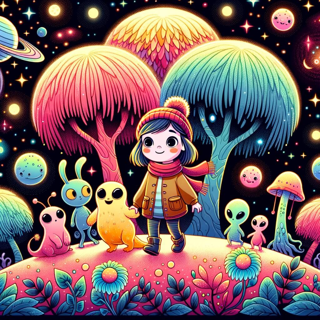 Une illustration destinée aux enfants représentant une petite fille curieuse, entourée de créatures étranges, explorant une planète lointaine aux arbres multicolores et aux fleurs lumineuses, dans un univers galactique rempli d'étoiles scintillantes.