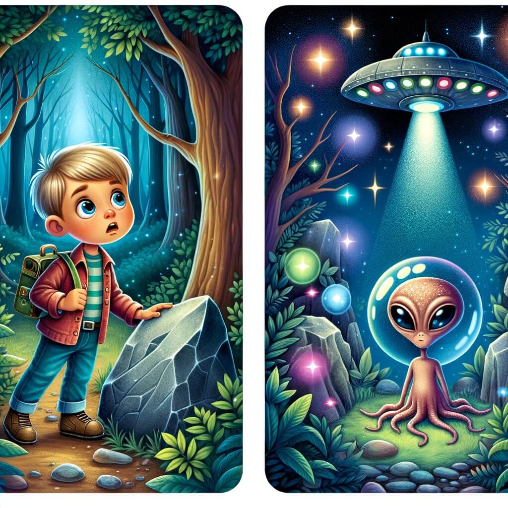 Une illustration pour enfants représentant un petit garçon curieux découvrant une mystérieuse clé extraterrestre dans une forêt enchantée.