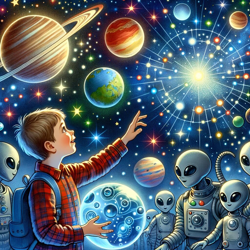 Une illustration destinée aux enfants représentant un petit garçon fasciné par les étoiles, faisant la rencontre de sympathiques extraterrestres, dans un décor cosmique parsemé de planètes colorées et de constellations scintillantes.
