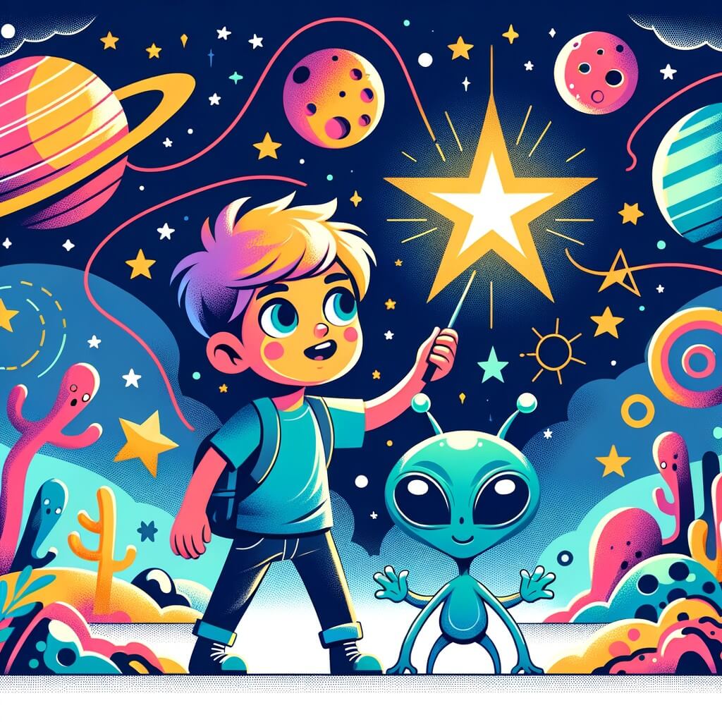 Une illustration destinée aux enfants représentant un petit garçon curieux et aventurier qui découvre une étoile brillante dans un paysage cosmique rempli de planètes colorées et de créatures étranges, tandis qu'il est accompagné d'un extraterrestre amical avec des bras longs et des yeux immenses.