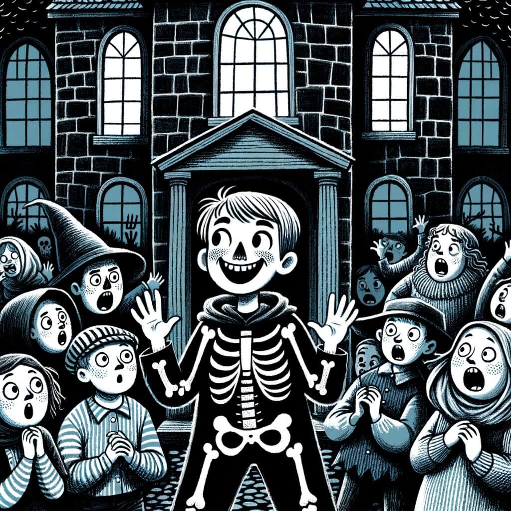 Une illustration pour enfants représentant un petit garçon déguisé en squelette qui explore une maison hantée lors d'Halloween.