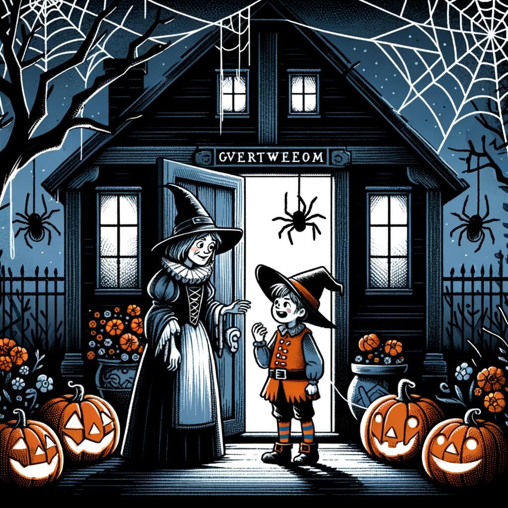 Une illustration pour enfants représentant un petit garçon déguisé en pirate partant chercher des bonbons dans les rues sombres d'une ville hantée pour Halloween.
