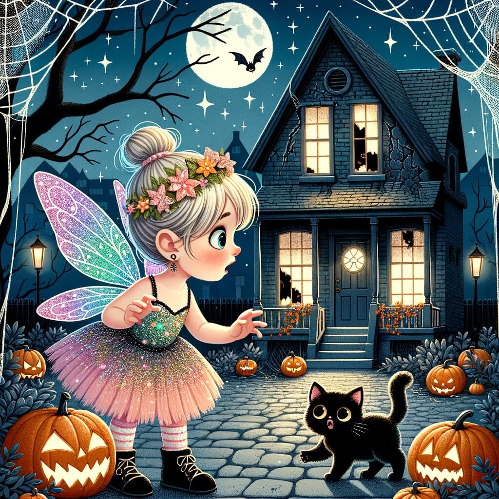 Une illustration pour enfants représentant une petite fille, vêtue d'un costume étincelant, explorant une mystérieuse maison hantée lors d'une nuit d'Halloween dans un quartier décoré de citrouilles et de toiles d'araignée.