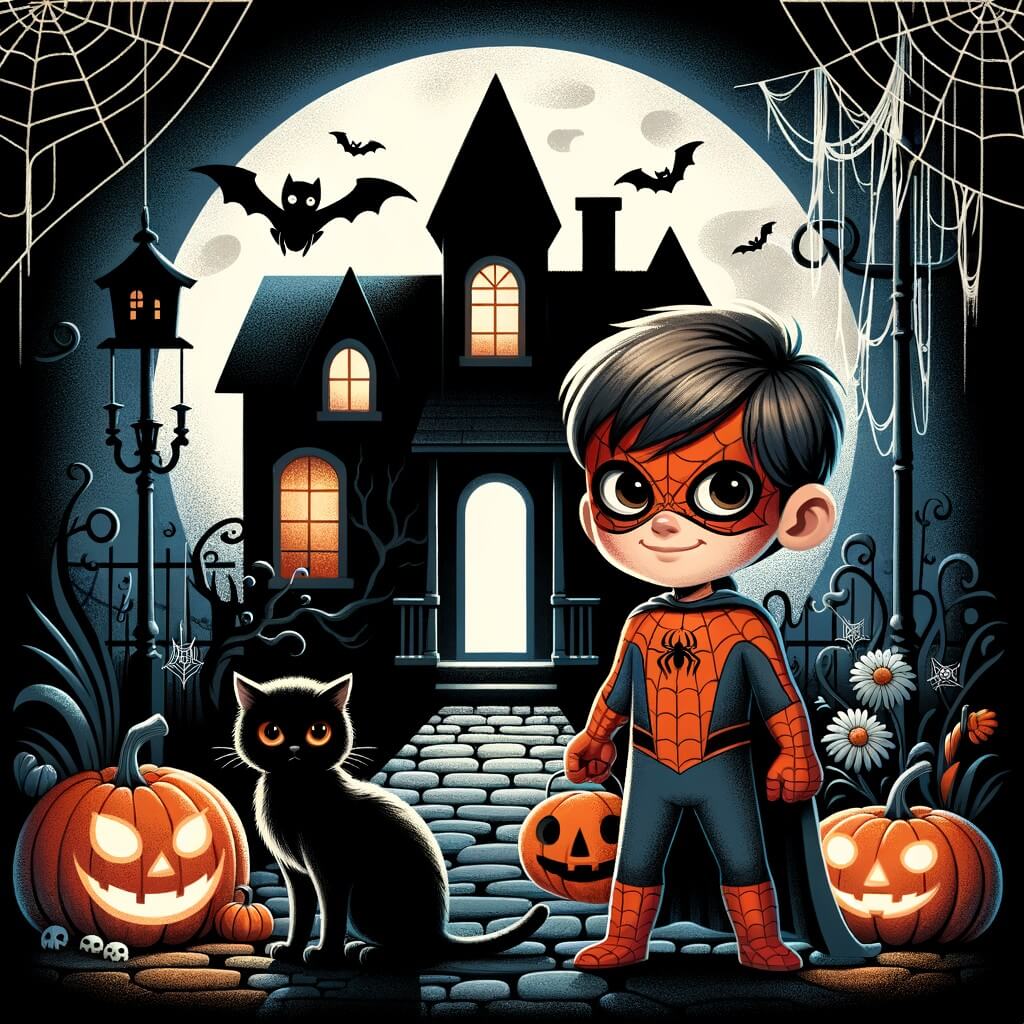 Une illustration destinée aux enfants représentant un petit garçon déguisé en Spider-man, se retrouvant face à une mystérieuse ombre, accompagné d'un chat noir, dans une maison abandonnée hantée par l'esprit d'Halloween, avec des toiles d'araignée et des citrouilles éclairées par la lueur de la lune.