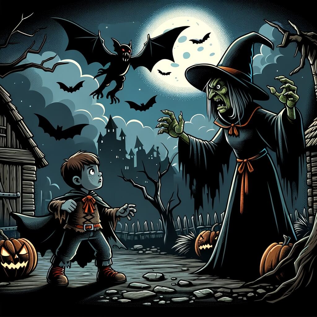Une illustration destinée aux enfants représentant un petit garçon déguisé en zombie, affrontant une sorcière méchante dans une maison sombre et sinistre, avec une chauve-souris géante volant autour d'eux.