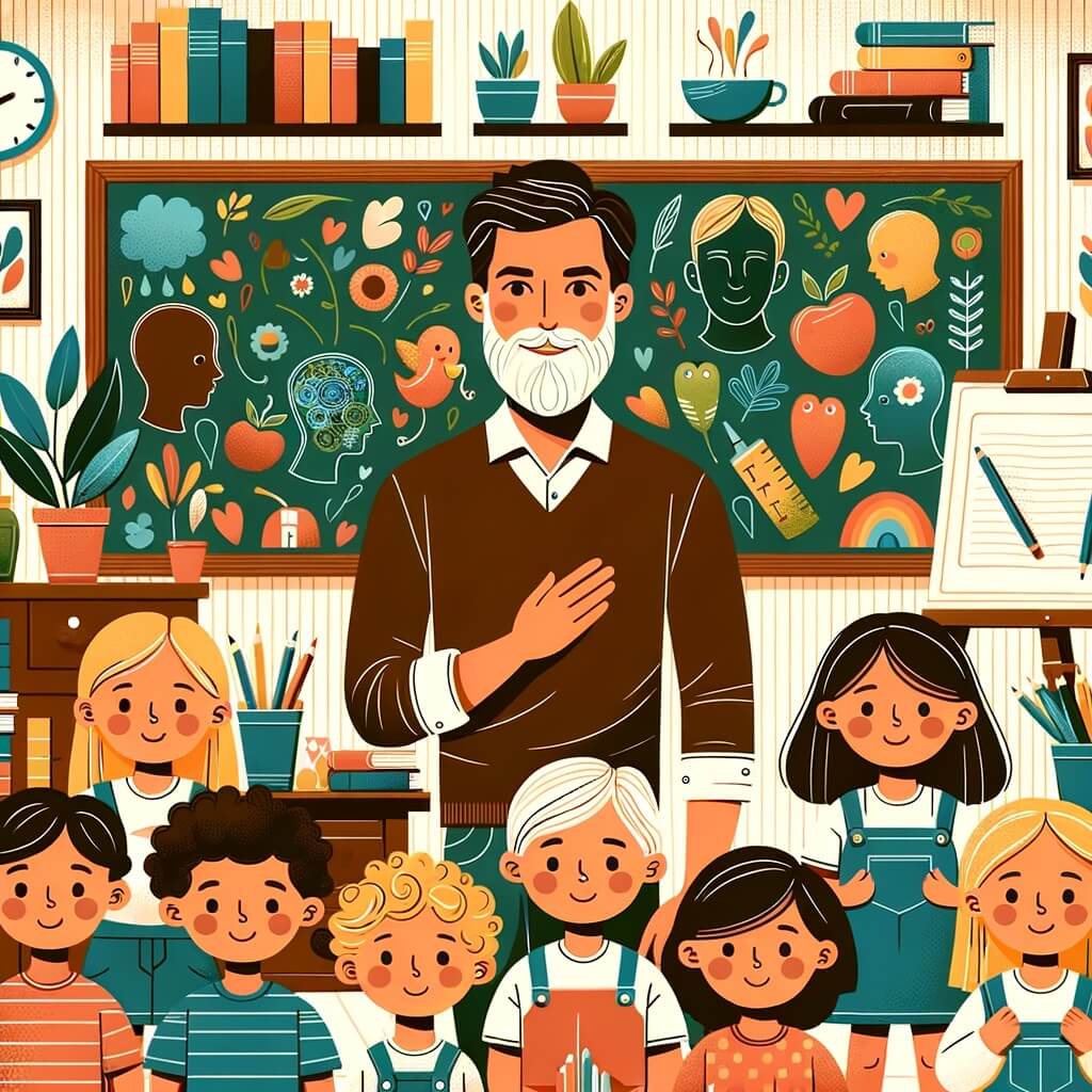 Une illustration destinée aux enfants représentant un instituteur bienveillant, entouré de ses élèves curieux, dans une salle de classe chaleureuse et colorée, avec des livres, des tableaux et des plantes.