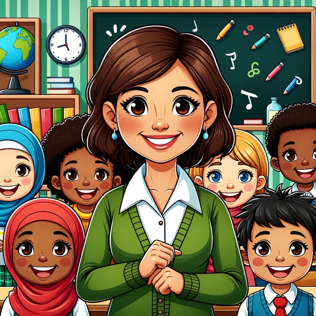 Une illustration destinée aux enfants représentant un instituteur bienveillant et souriant, entouré de ses élèves joyeux, dans une salle de classe colorée et remplie de livres, tableaux et matériel scolaire.