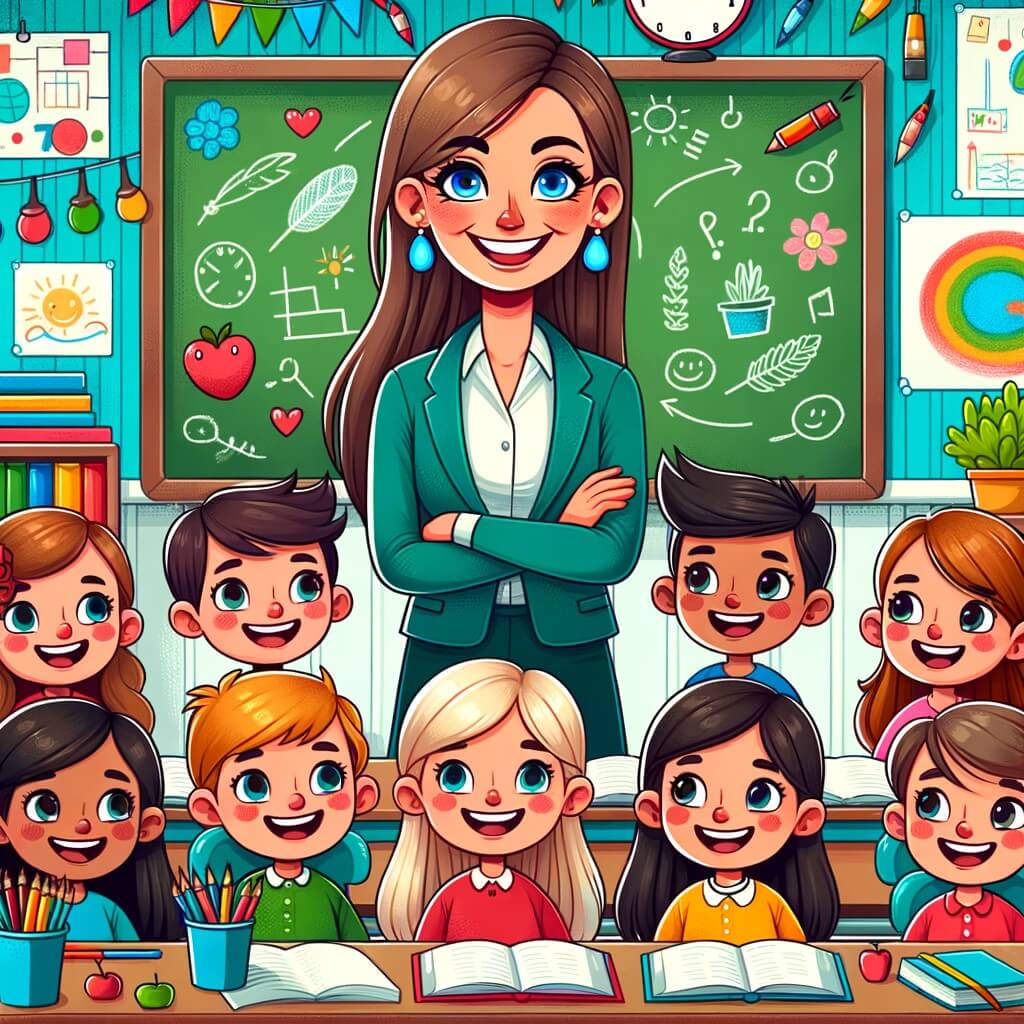 Une illustration destinée aux enfants représentant un instituteur bienveillant et souriant, entouré de ses élèves joyeux, dans une salle de classe colorée et remplie de livres, de dessins et de plantes vertes.