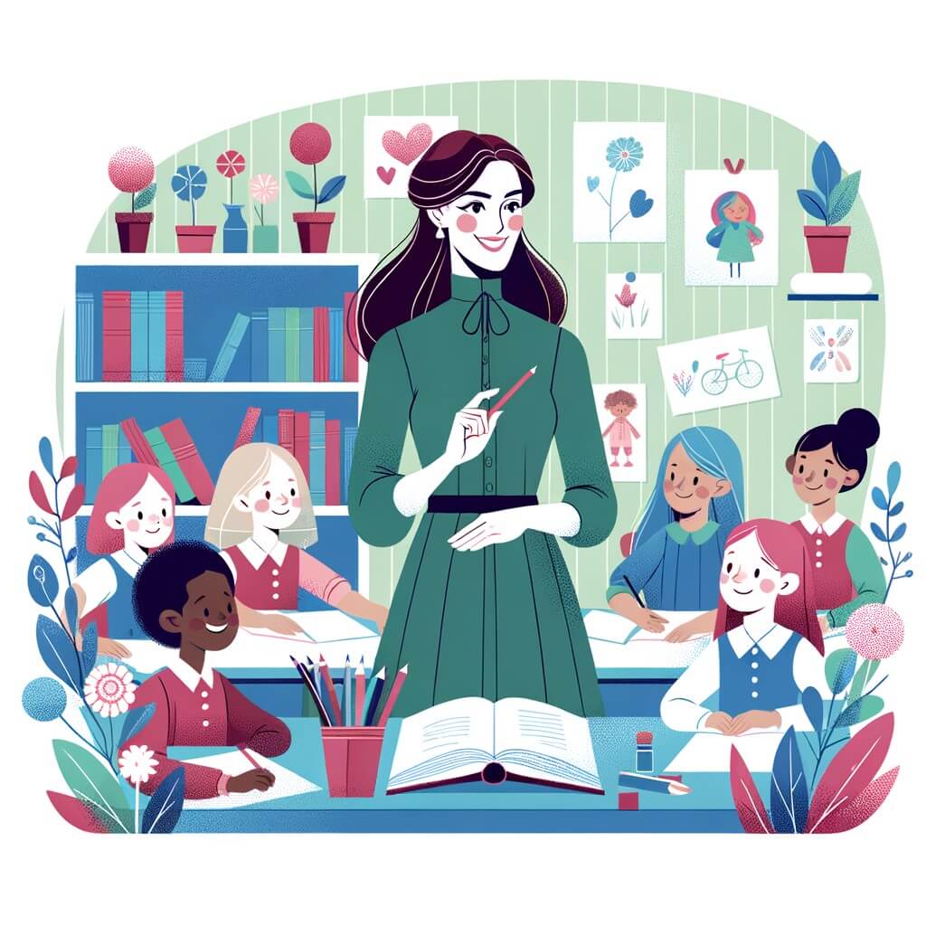 Une illustration destinée aux enfants représentant une institutrice bienveillante et passionnée par son métier, entourée de ses élèves curieux, dans une salle de classe colorée remplie de livres, de dessins et de plantes.