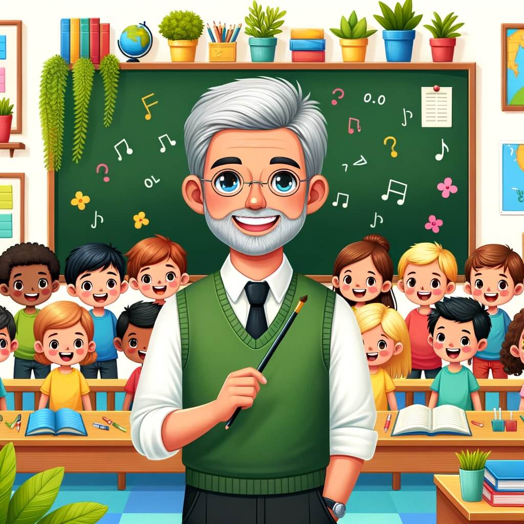 Une illustration destinée aux enfants représentant un instituteur bienveillant et souriant, entouré de ses élèves curieux et enthousiastes, dans une salle de classe colorée remplie de livres, de tableaux et de plantes verdoyantes.