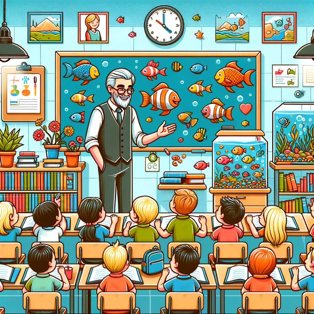 Une illustration destinée aux enfants représentant un instituteur bienveillant, entouré de ses élèves curieux, dans une salle de classe lumineuse remplie de livres colorés, de tables et de chaises, avec un grand tableau noir et un aquarium rempli de poissons joyeux.