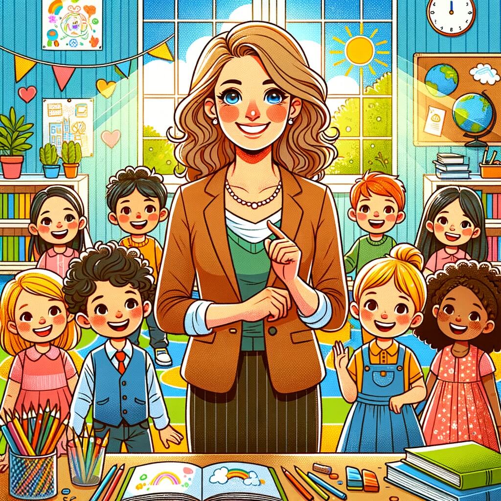 Une illustration destinée aux enfants représentant un instituteur bienveillant et souriant, entouré d'une joyeuse bande d'enfants, dans une salle de classe colorée et lumineuse, remplie de livres, de dessins et de jeux éducatifs.