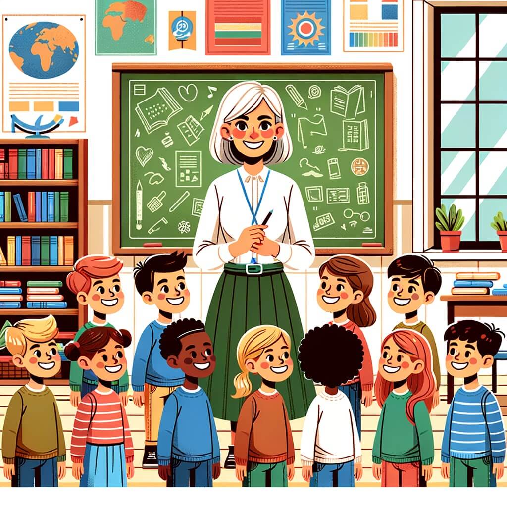 Une illustration pour enfants représentant une institutrice souriante et dynamique qui accueille ses élèves pour la nouvelle année scolaire dans une grande salle de classe lumineuse.