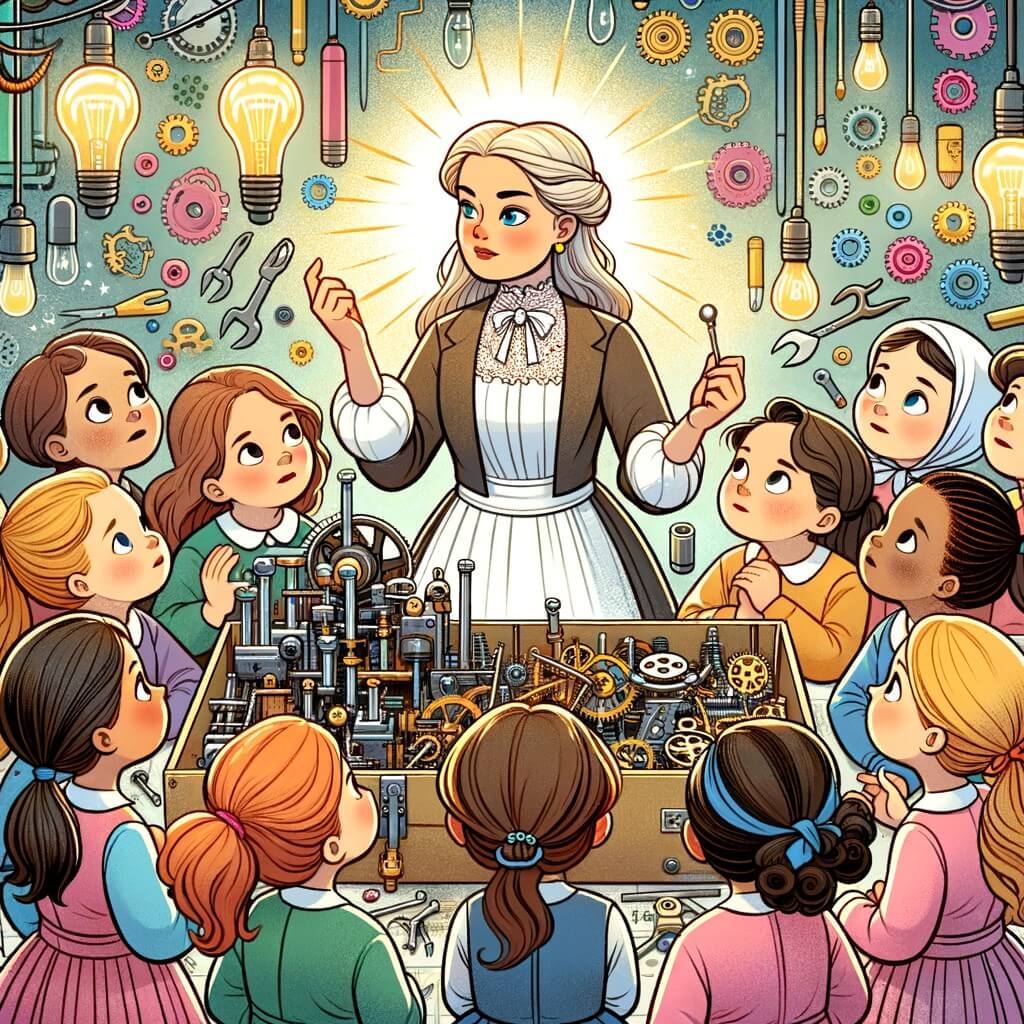 Une illustration destinée aux enfants représentant une femme inventrice passionnée, entourée d'un groupe d'enfants curieux, dans un atelier rempli d'outils scintillants, de pièces colorées et de machines étonnantes.