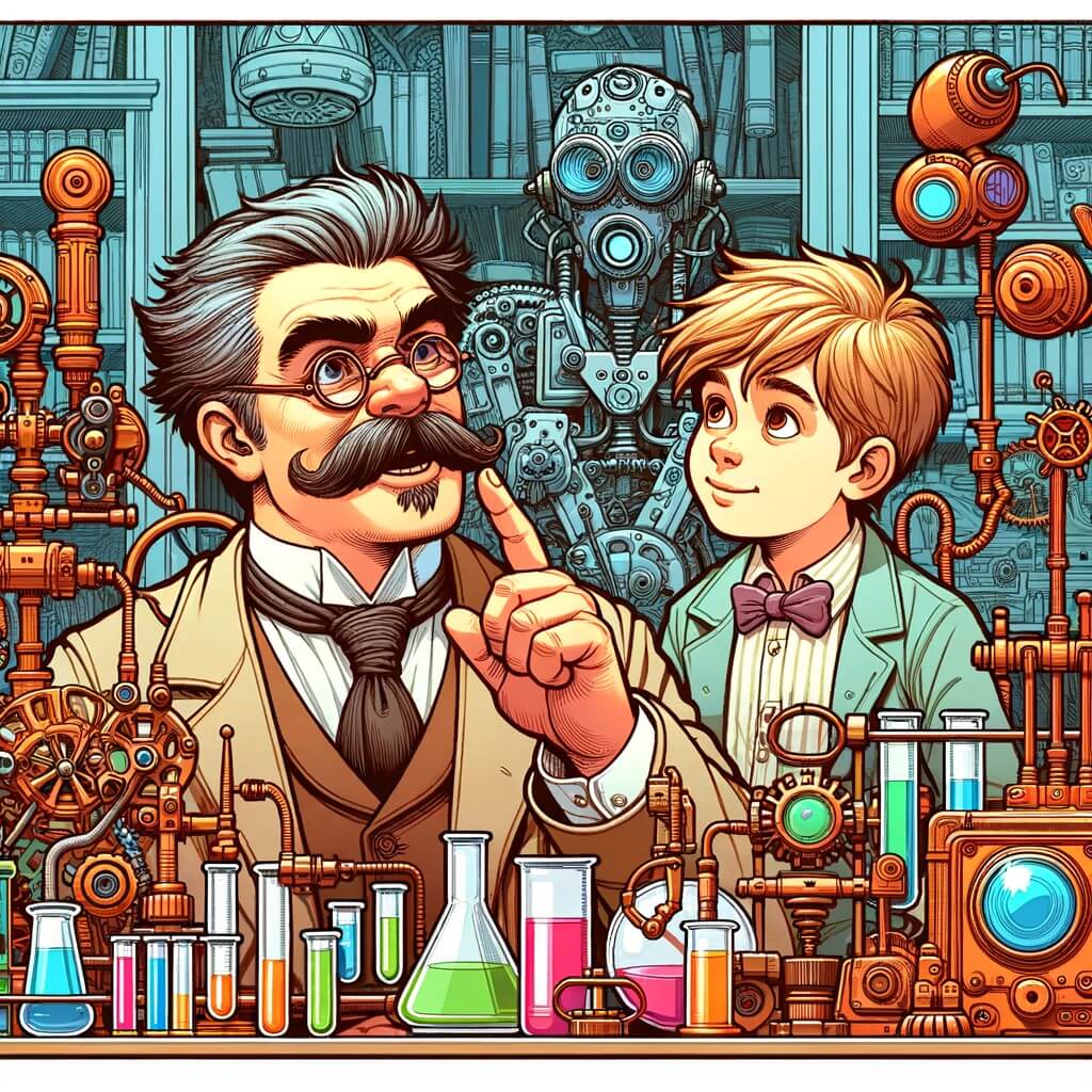 Une illustration destinée aux enfants représentant un inventeur passionné, entouré d'un jeune garçon curieux, dans un laboratoire coloré rempli de machines étranges et d'objets futuristes.