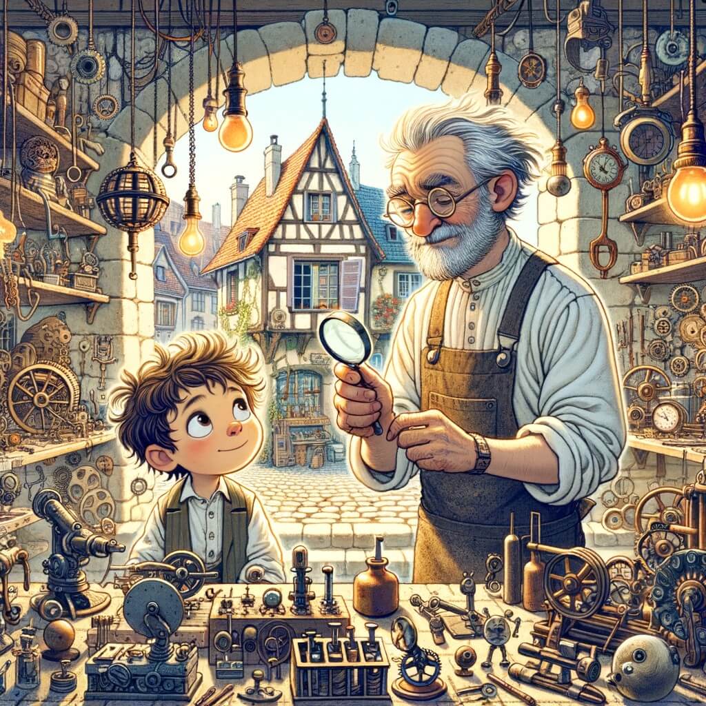 Une illustration destinée aux enfants représentant un inventeur passionné, entouré de son jeune voisin curieux, dans un atelier rempli de gadgets étranges, situé dans la pittoresque ville de Champignac.