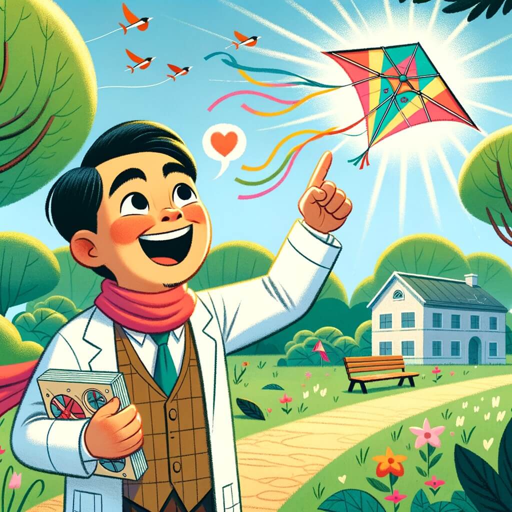 Une illustration pour enfants représentant un homme passionné par l'invention, qui découvre un cerf-volant révolutionnaire dans un parc.