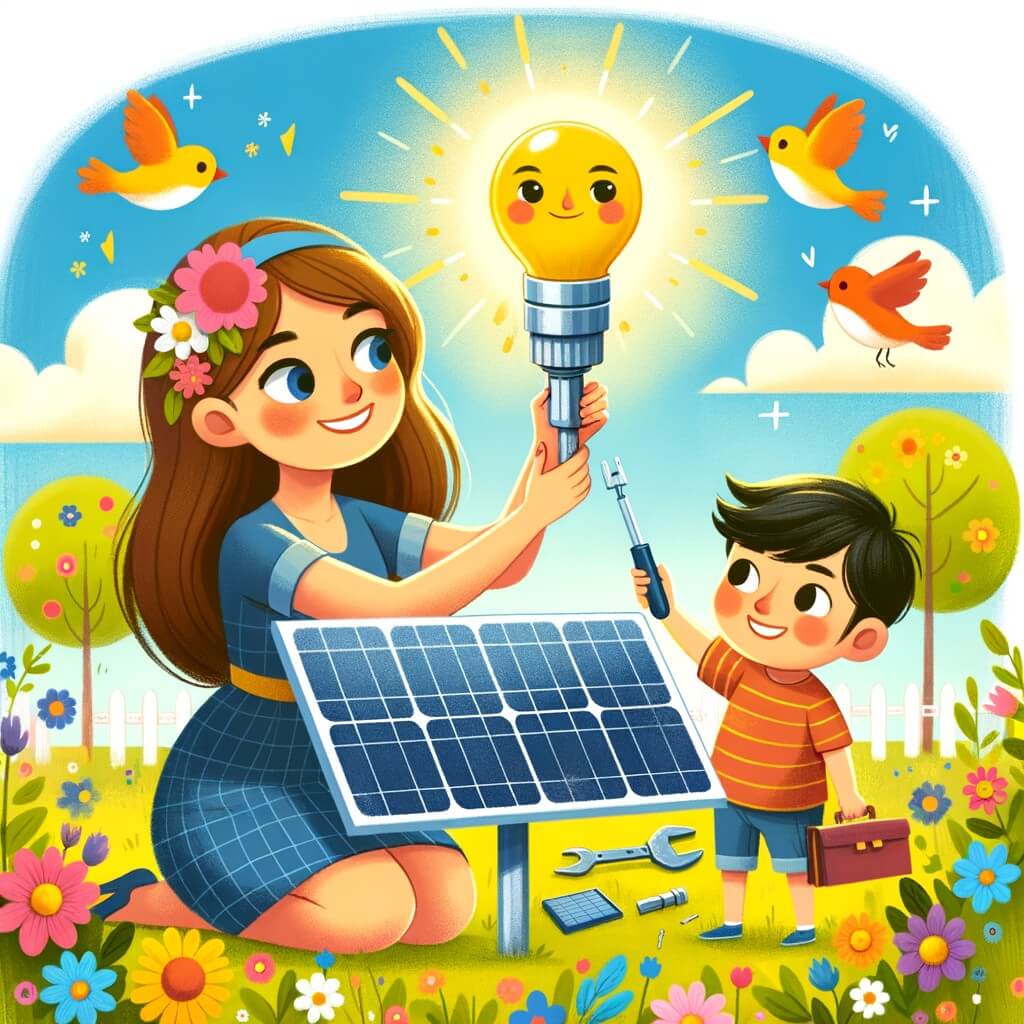Une illustration destinée aux enfants représentant une jeune femme créative et passionnée par l'invention, qui invente une lampe solaire avec l'aide de son petit frère, dans un parc ensoleillé avec des fleurs colorées et des oiseaux chantant joyeusement.