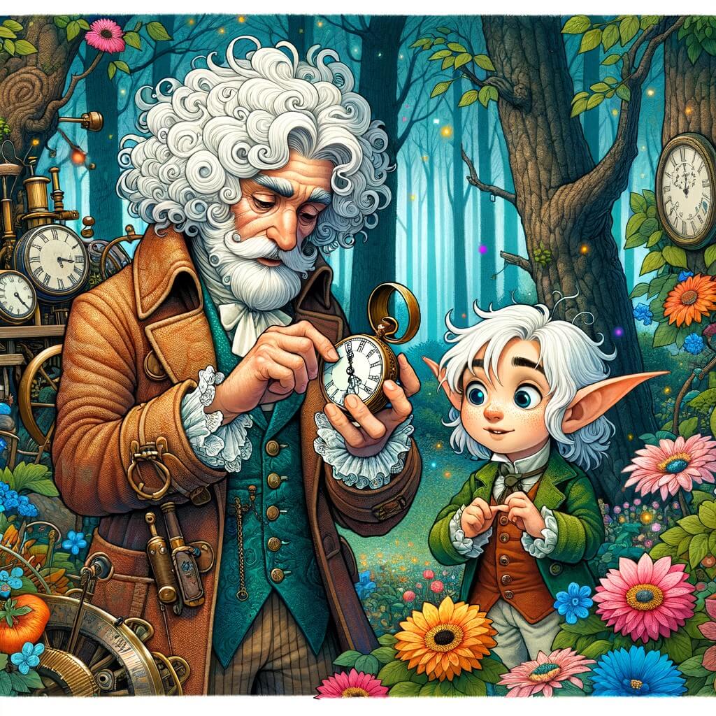Une illustration pour enfants représentant un homme aux cheveux blancs bouclés et aux lunettes rondes, découvrant un objet mystérieux dans une forêt enchantée.
