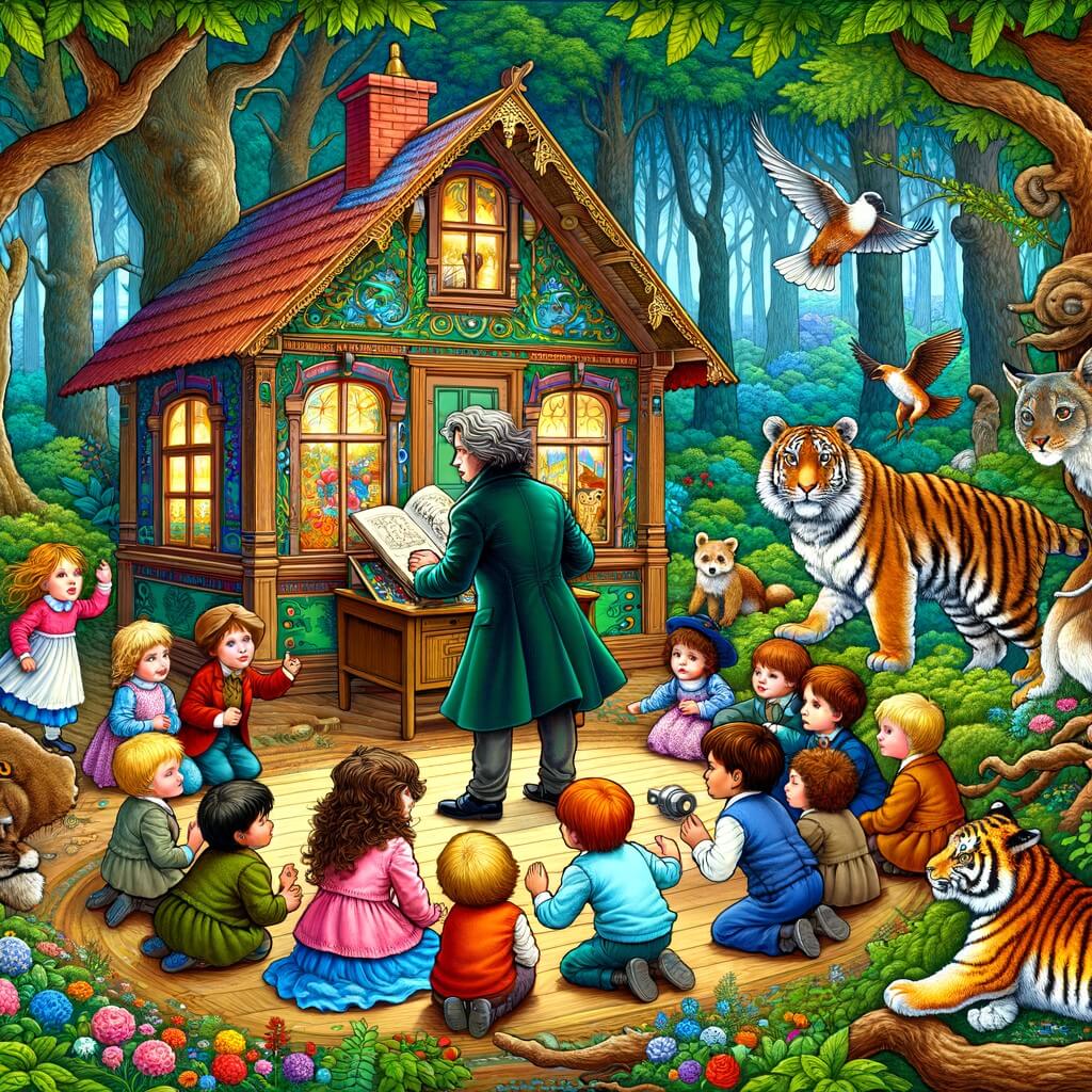 Une illustration destinée aux enfants représentant un inventeur passionné, entouré d'enfants curieux, dans une petite maison colorée au milieu d'une forêt enchantée avec des arbres majestueux et des animaux curieux qui observent.