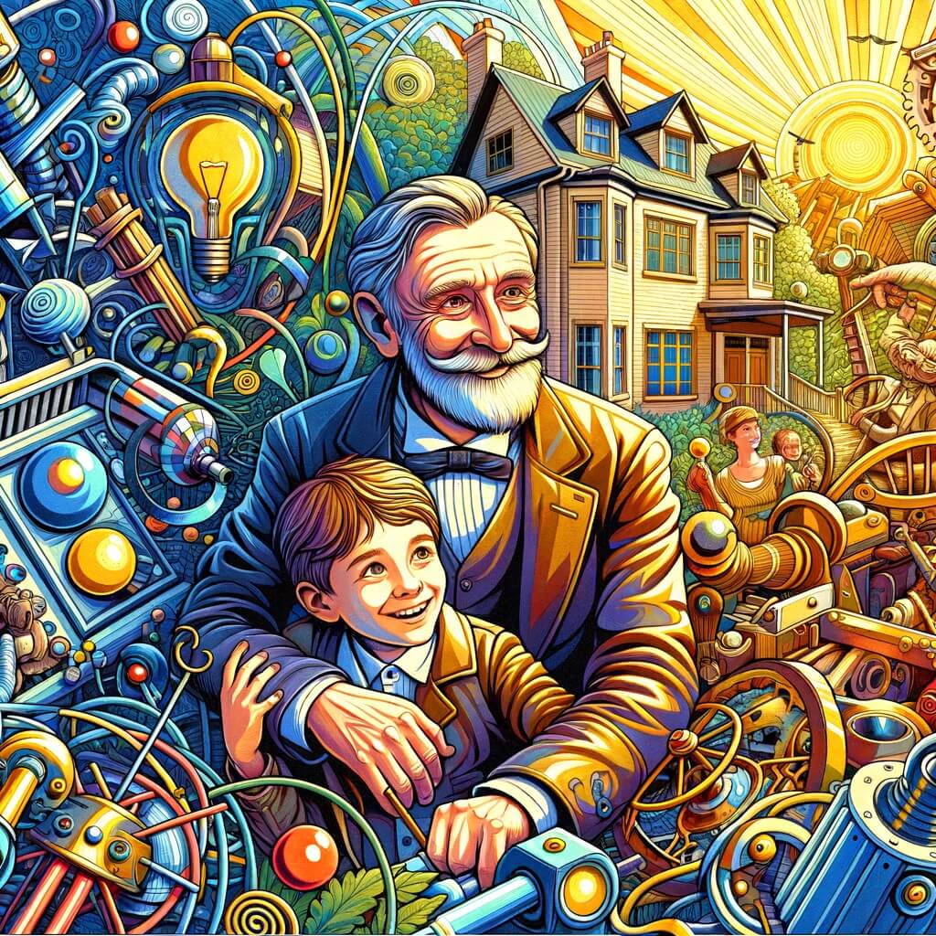 Une illustration destinée aux enfants représentant un inventeur passionné et créatif, accompagné d'un jeune garçon curieux, dans un atelier rempli de machines étranges et colorées, situé dans une grande maison entourée d'un parc verdoyant et ensoleillé.