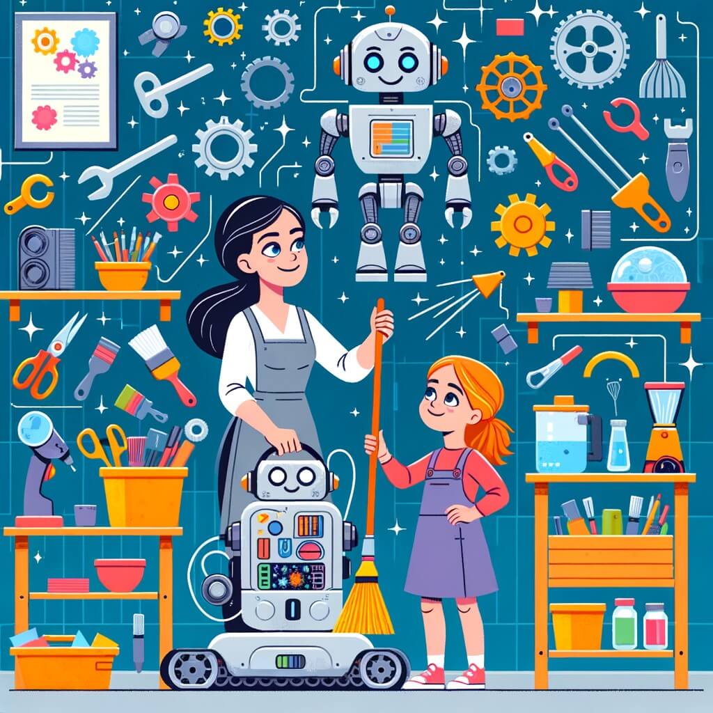 Une illustration destinée aux enfants représentant une femme inventrice passionnée, accompagnée de sa fille, créant un robot qui nettoie la maison, dans leur atelier rempli d'outils colorés et d'étagères remplies de pièces mécaniques étincelantes.