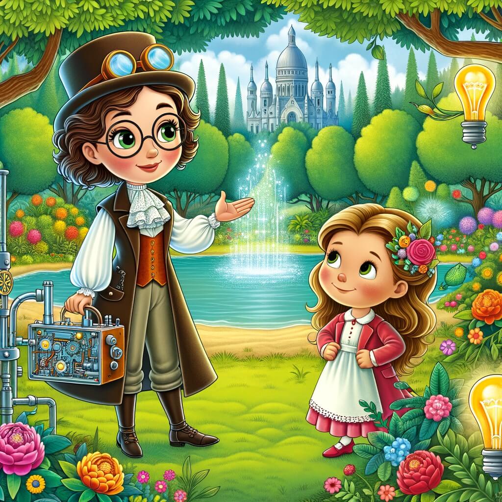 Une illustration destinée aux enfants représentant une femme inventeuse, pleine de curiosité et d'imagination, accompagnée d'une petite fille nommée Sophie, dans un parc verdoyant avec des arbres majestueux, des fleurs colorées et un étang scintillant.