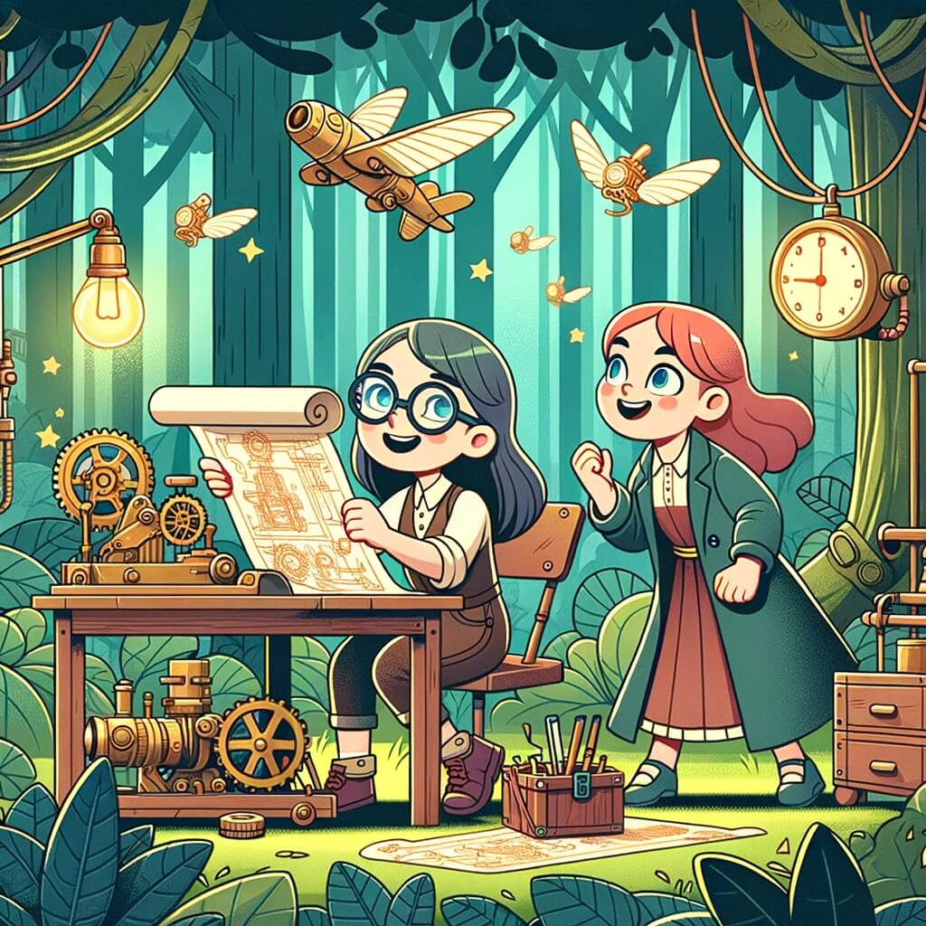 Une illustration destinée aux enfants représentant une femme brillante et passionnée par la science, accompagnée d'une inventrice mystérieuse, dans un atelier caché au cœur de la forêt, rempli de machines étonnantes et de plans volants.