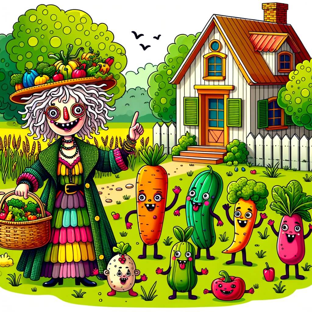 Une illustration destinée aux enfants représentant une femme excentrique, entourée de jouets légumes farceurs, dans sa petite maison située au bord d'une prairie verdoyante.