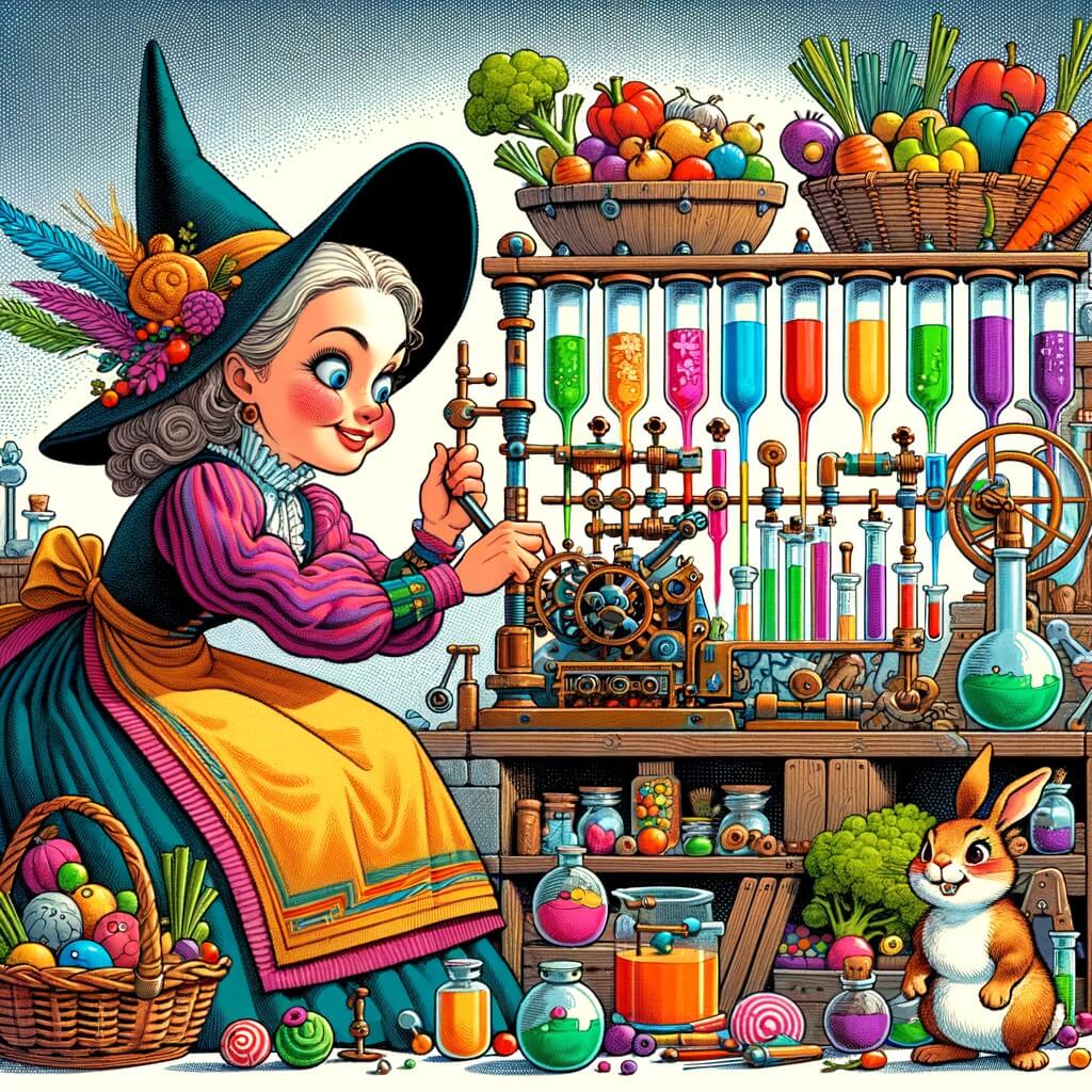 Une illustration destinée aux enfants représentant une femme pleine d'énergie, vêtue d'une blouse colorée et coiffée d'un chapeau pointu, en train d'inventer une machine farfelue dans son laboratoire souterrain rempli de tubes multicolores, tandis qu'un lapin espiègle observe la scène depuis une étagère remplie de légumes et de bonbons.