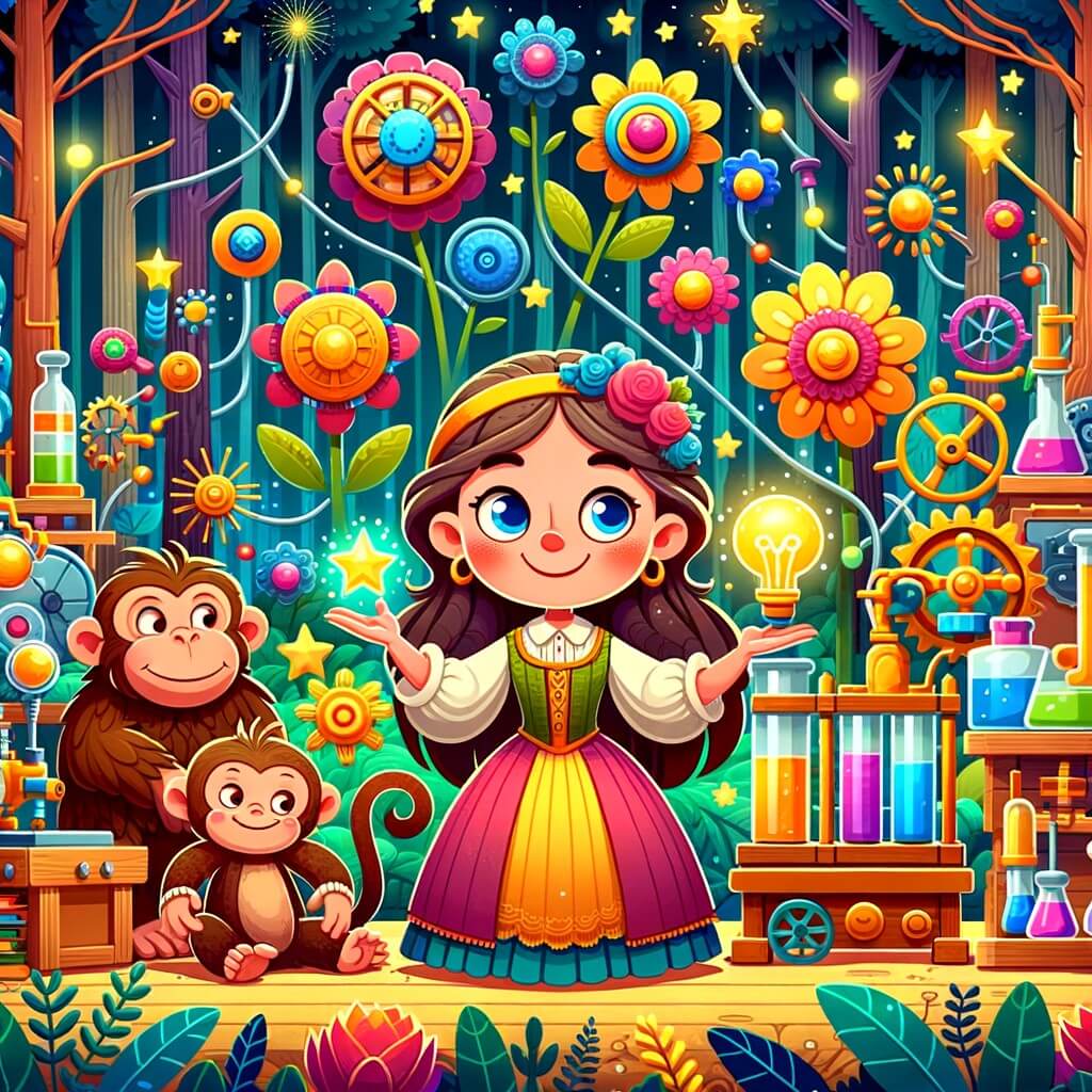 Une illustration pour enfants représentant une femme imaginative qui crée une machine farfelue pour transformer les choses en bonbons dans son atelier situé dans la forêt enchantée.