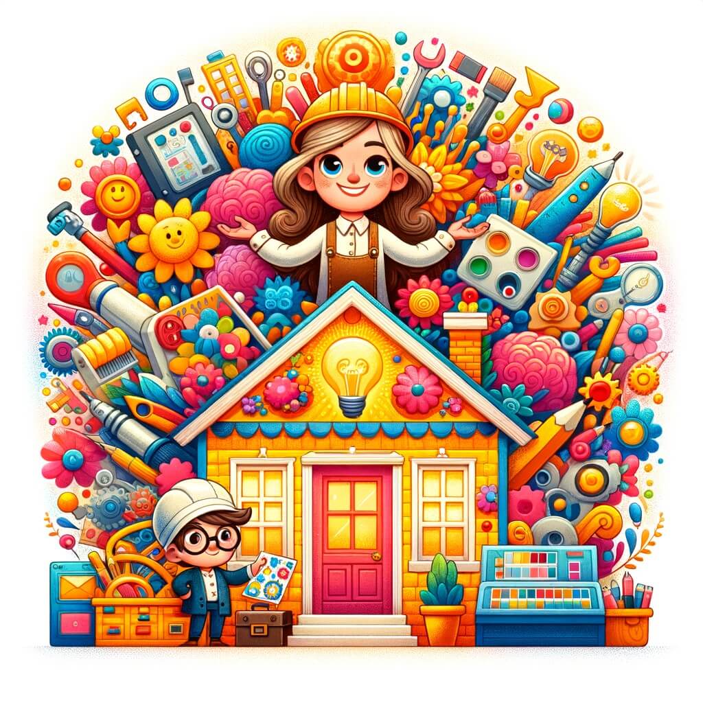 Une illustration destinée aux enfants représentant une femme inventive, entourée d'objets en double, avec un ami ingénieur, dans une maison remplie de couleurs vives et de joyeuses décorations.