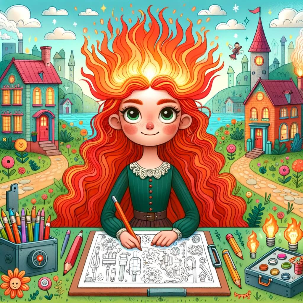 Une illustration destinée aux enfants représentant une femme aux cheveux roux flamboyants, entourée de ses inventions farfelues, accompagnée d'un joyeux village plein de maisons colorées et de jardins verdoyants, où se déroulent des aventures magiques.