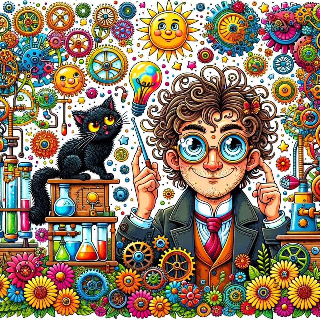 Une illustration pour enfants représentant un homme farfelu et inventeur, qui dans son laboratoire a construit une machine étrange pour capturer les chats, dans un lieu imaginaire et coloré.
