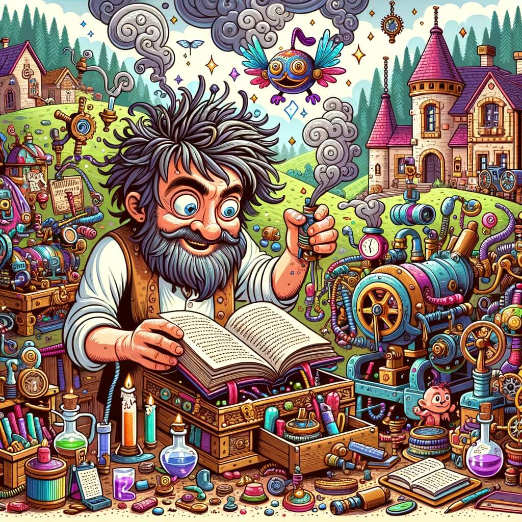 Une illustration pour enfants représentant un inventeur excentrique, plongé dans une aventure culinaire magique, dans un petit village au cœur d'une vallée verdoyante.