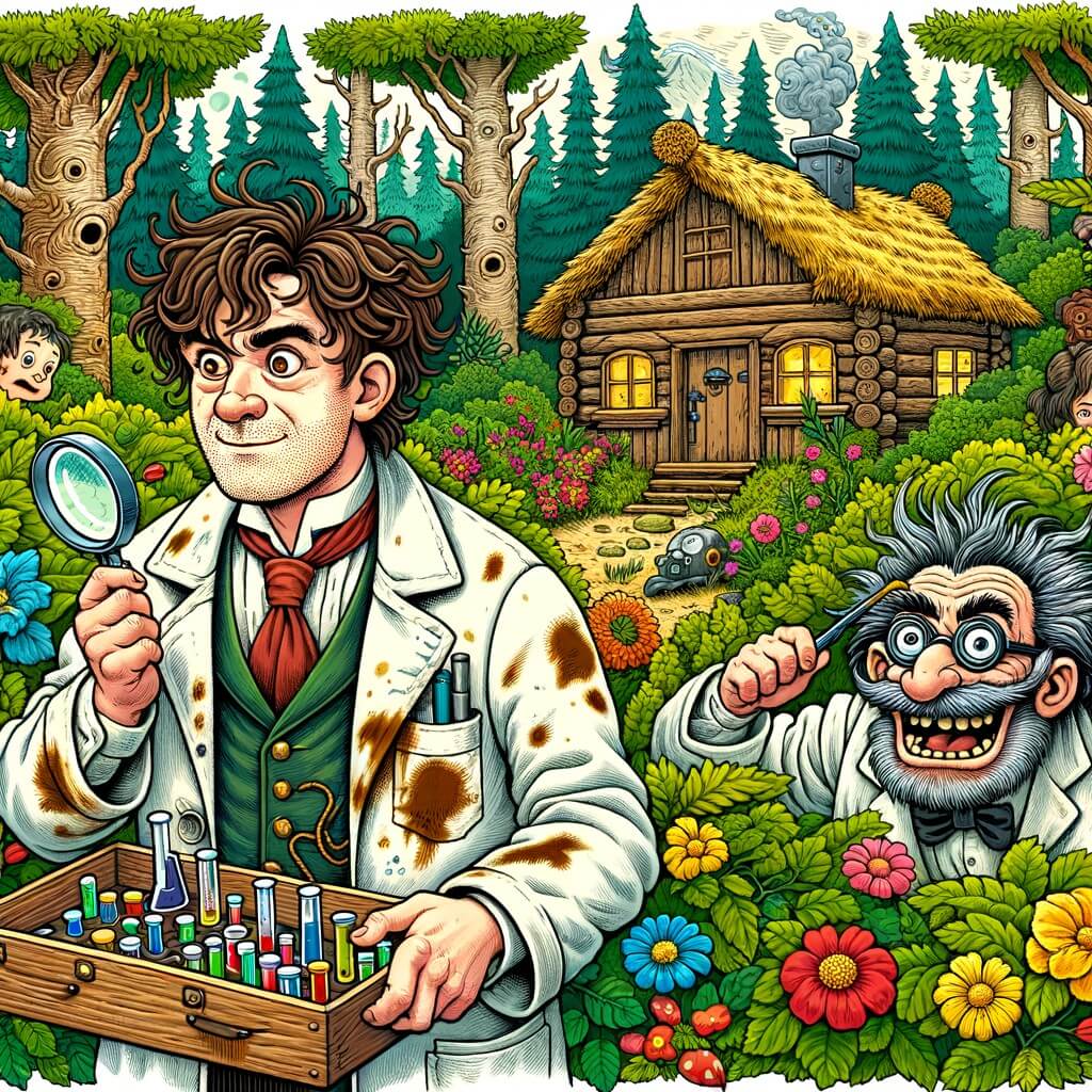 Une illustration pour enfants représentant un petit garçon aventurier qui rencontre un inventeur fou dans une cabane cachée dans une forêt mystérieuse.